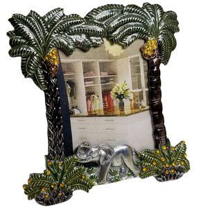 Lucky Elephant, Jeweled Metal Picture Frame w/ Palm Trees, & Genuine Crystals